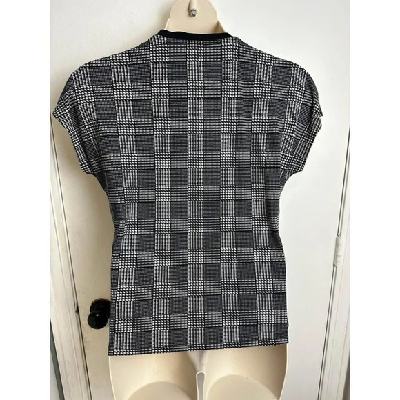 Lauren Ralph Lauren Top Large L Black Plaid Grid Round Short Sleeve Stretch B2 # - Picture 4 of 6